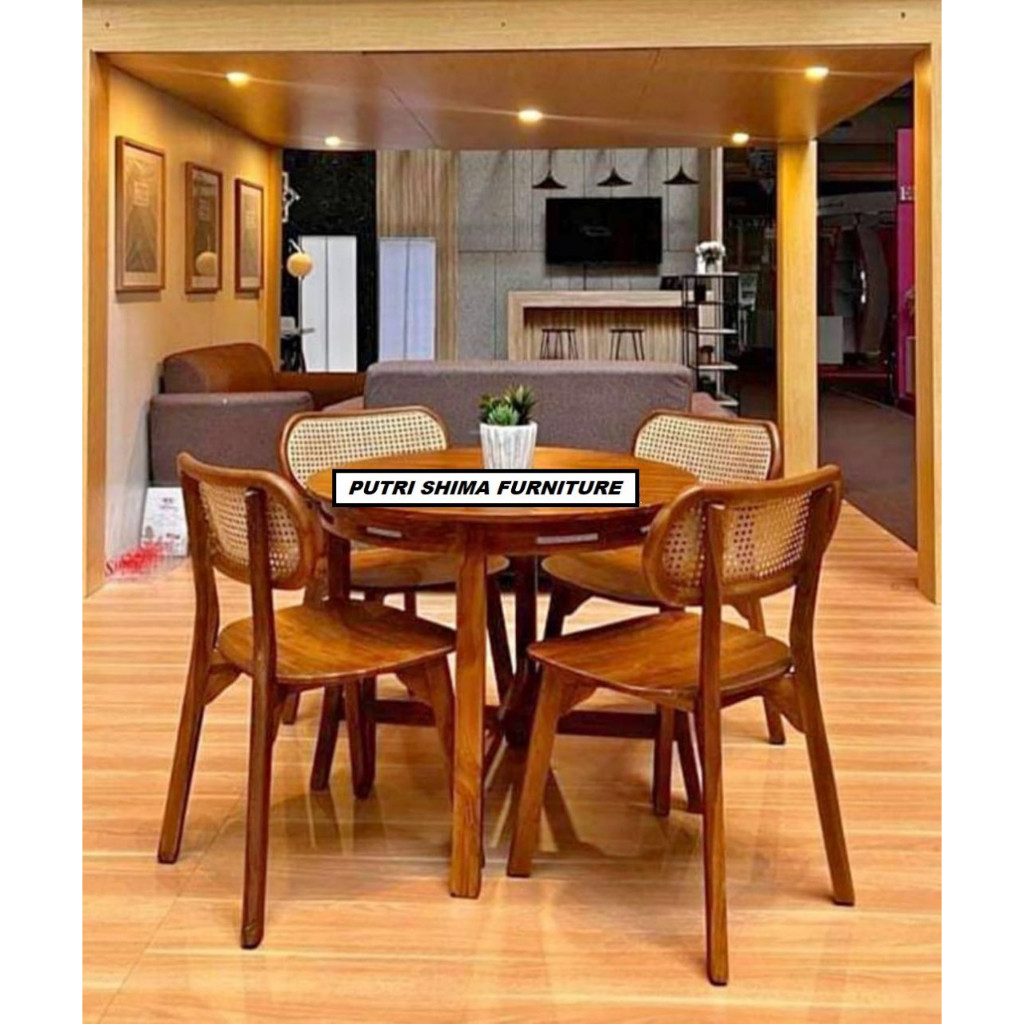 Promo Set Kursi Makan Rotan Retro Kayu Jati Jepara - Kursi Cafe Resto Terbaru - Meja Makan Minimalis