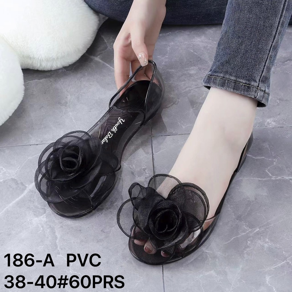 Youth Balance Sepatu Sendal Jelly Wanita Karet Flatshoes Teplek Kaca Motif Bunga Bahan Elastis 186-A