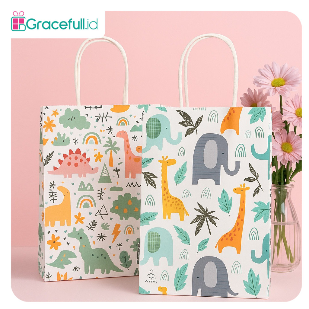 

Paper Bag Kraft Kantong Kertas Kraft Motif Kartun Dinosaurus Hampers Souvenir I AK02M7--AK03M7