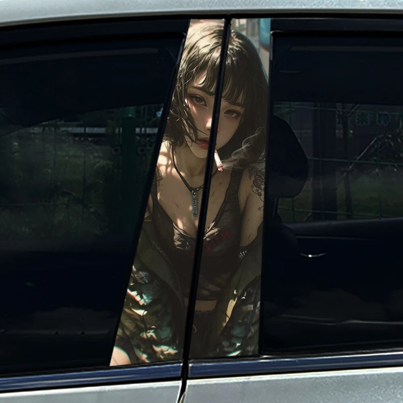 Stiker Mobil HD Kustom 2pc Gadis Merokok Pilar B Tahan Air Dekorasi Pilar Tengah Stiker Mobil