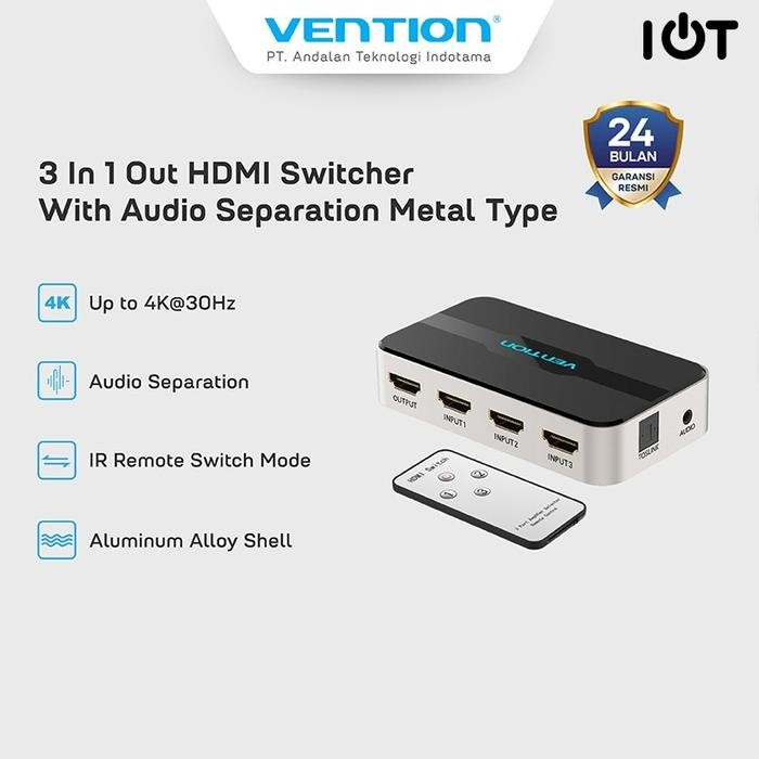 Vention AFJ HDMI Switcher 3 in 1 Out With Audio Separation - AFJ