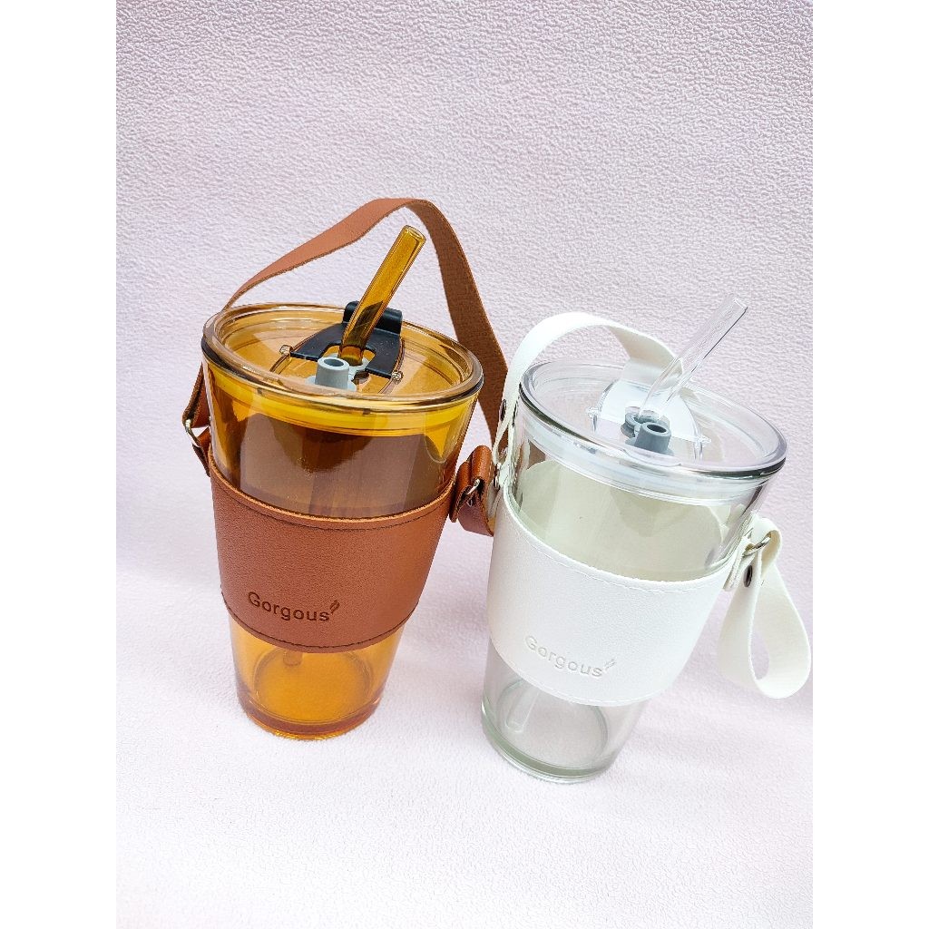 Tumbler Gelas Kaca 450ml Aesthetic Polos Free Sedotan & Tentengan