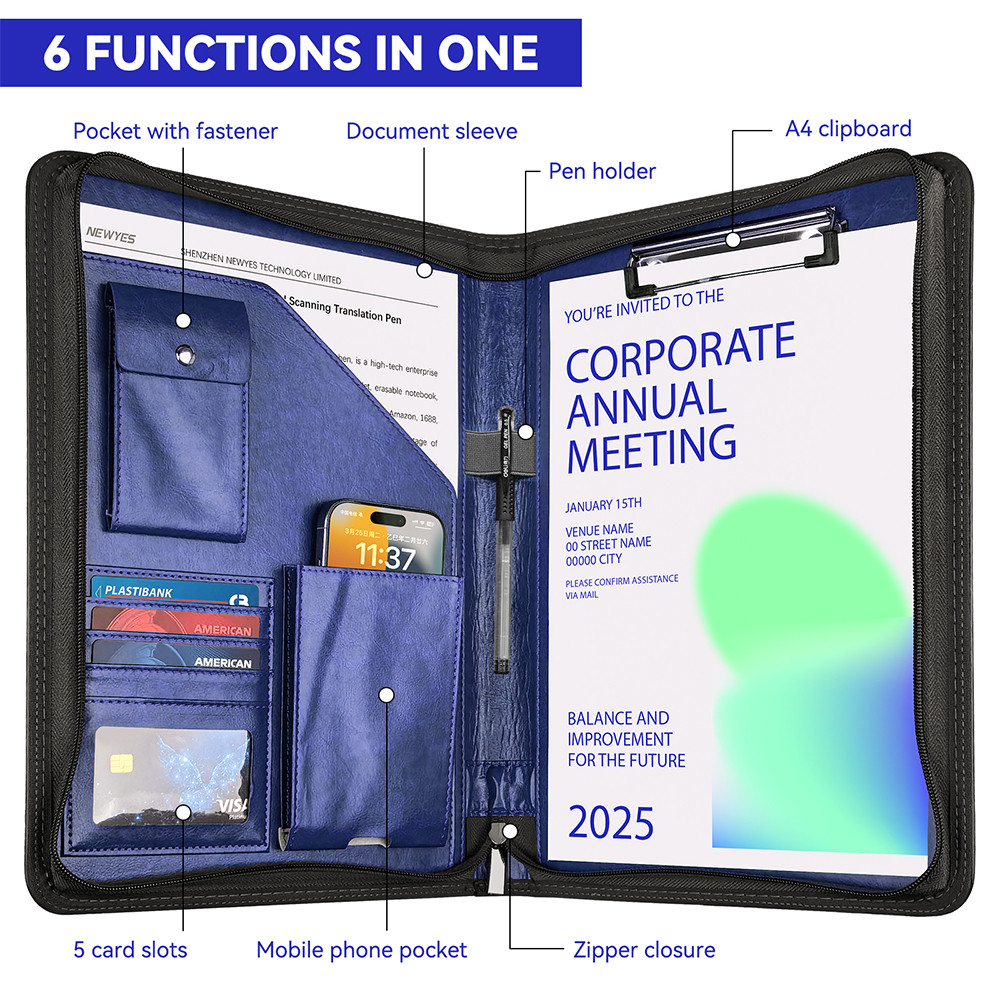 

Zippered Padfolio Organizer Leather Planner Binder A4 Portfolio Folder for Letter Size Business Card Holder for Men&Women