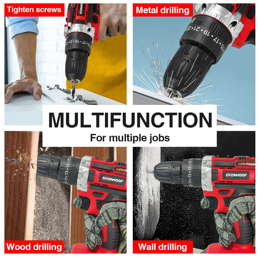 IRONHOOF Mesin Bor Baterai 80N.M Bor listrik Drill Cordless Impact Drill Electric Screw Driver Hamme