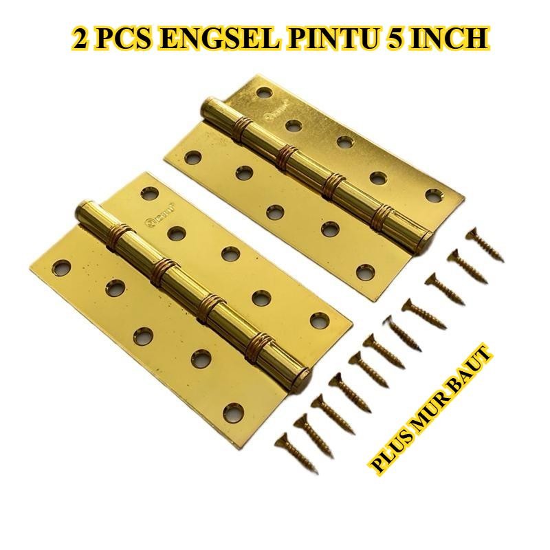 Engsel Tebal Kuning Emas 5 Inci (±12,7cm) – Engsel Pintu Kayu/Besi (2 Pcs + Skrup) Kuat & Awet