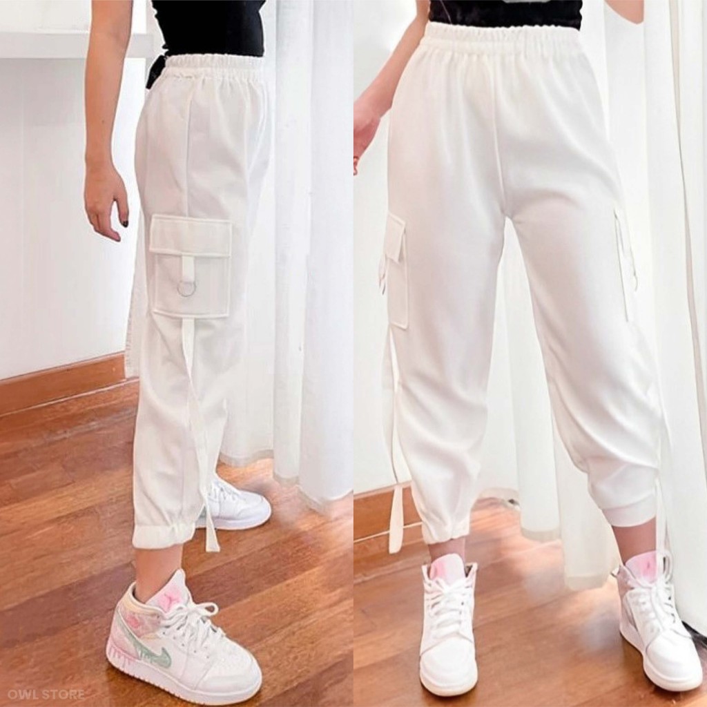 Cargo Pants Wanita Celana Cargo Korean Style Kekinian Hitam Putih Owl Store