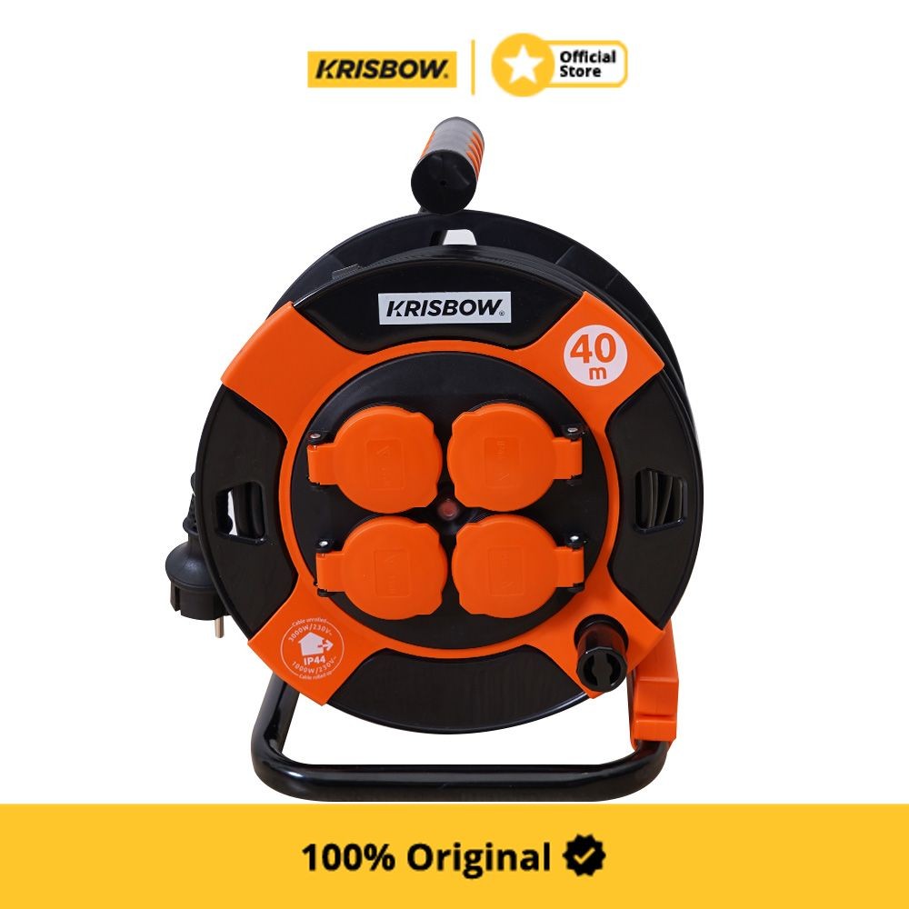Krisbow 40 mtr Kabel Roll 4 Socket - Hitam/Oranye Kabel Roll Cable Reel Extension Cable