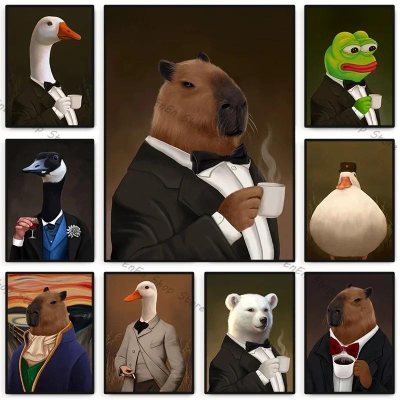 

Funny Memes Capybara Duck Wear Buiness Suit Drink Coffee Posters Canvas Painting Animal Wall Art for Living Room Home Decoration