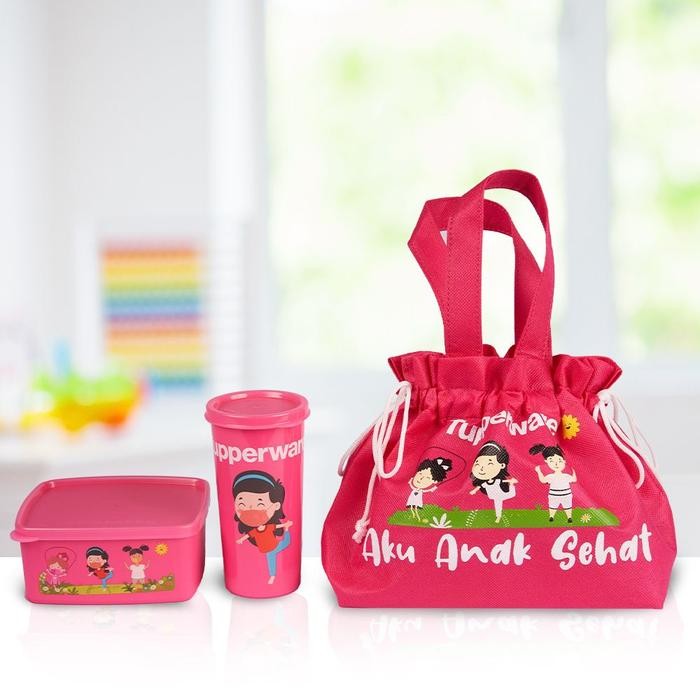 [New Arrival] Kids Lunch Set / Tempat Kotak Makan Set Tupperware + Botol Minum - Pink