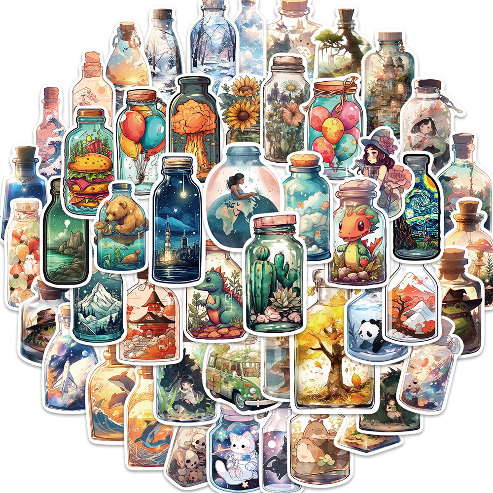 

50pcs The Big World in the Bottle Stickers For Trunk Scrapbook Stationery Craft Supplies Graffiti Sticker Vintage Aesthetic