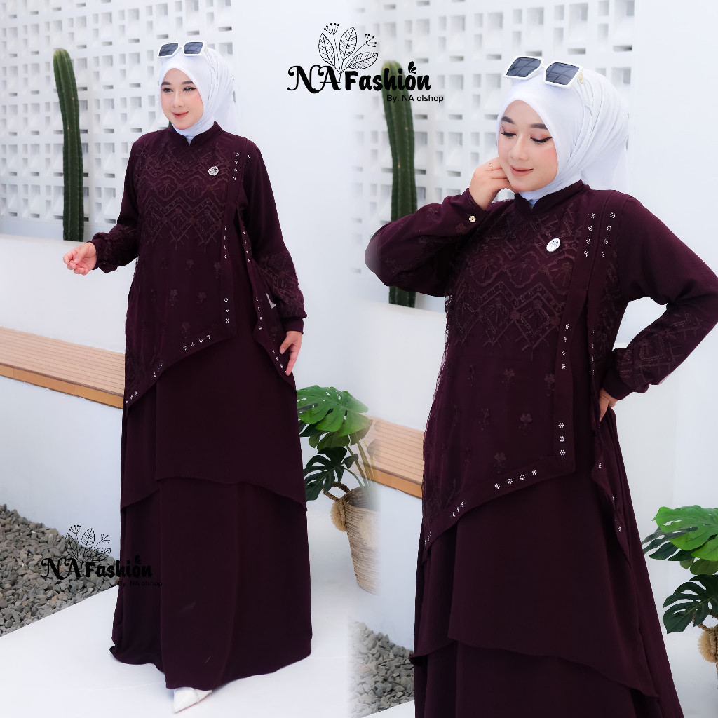 PARXETSHOP  Na Fashion- Namira Dress Gamis Malaysia Variasi Brukat Bahan Cinkle Mix Brokat Sapto Mew