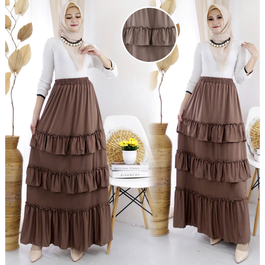 {Miraliam87} Rok panjang Susun Kerutan Ruffle Rok muslim/Polos Bawahan Cewek Hyget Panjang 95 All Si