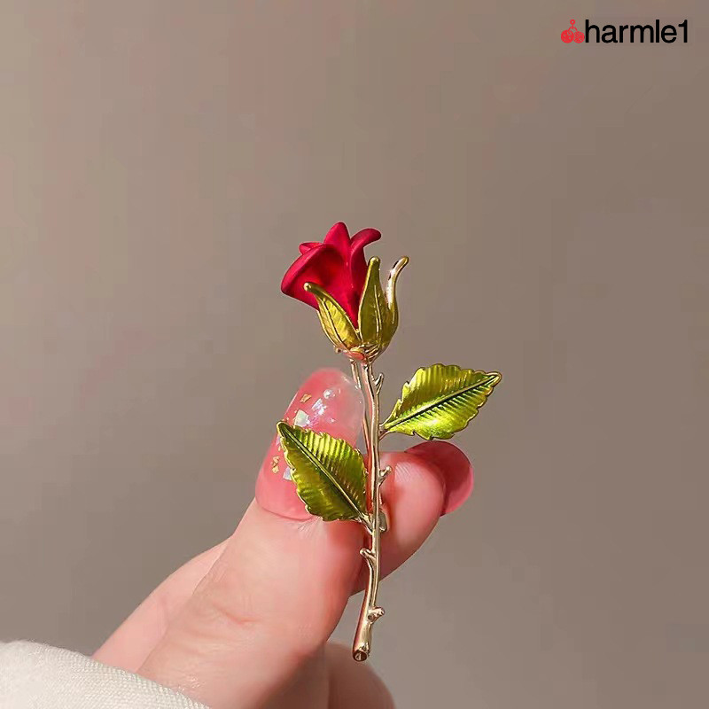 COD️ Bros Mawar Merah Minyak Lukis Peony Bunga Mawar Merah Dengan Bros Tetes Kristal-Ch