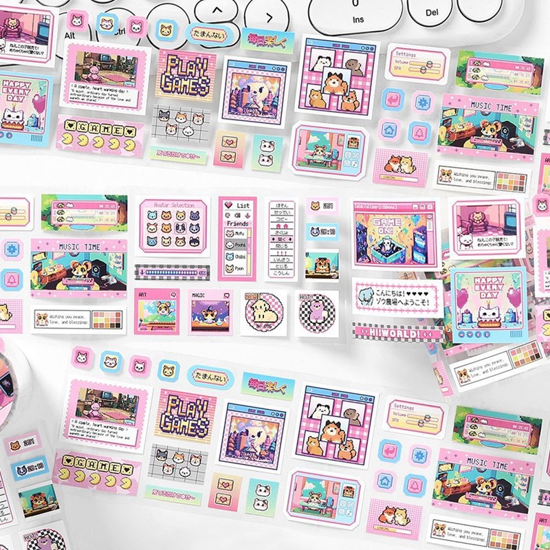 

Ins Cute Pixel Island Series Decoration Adhesive Tape Girl Heart Handbook DIY Scrapbooking Journal Collage Material Stickers