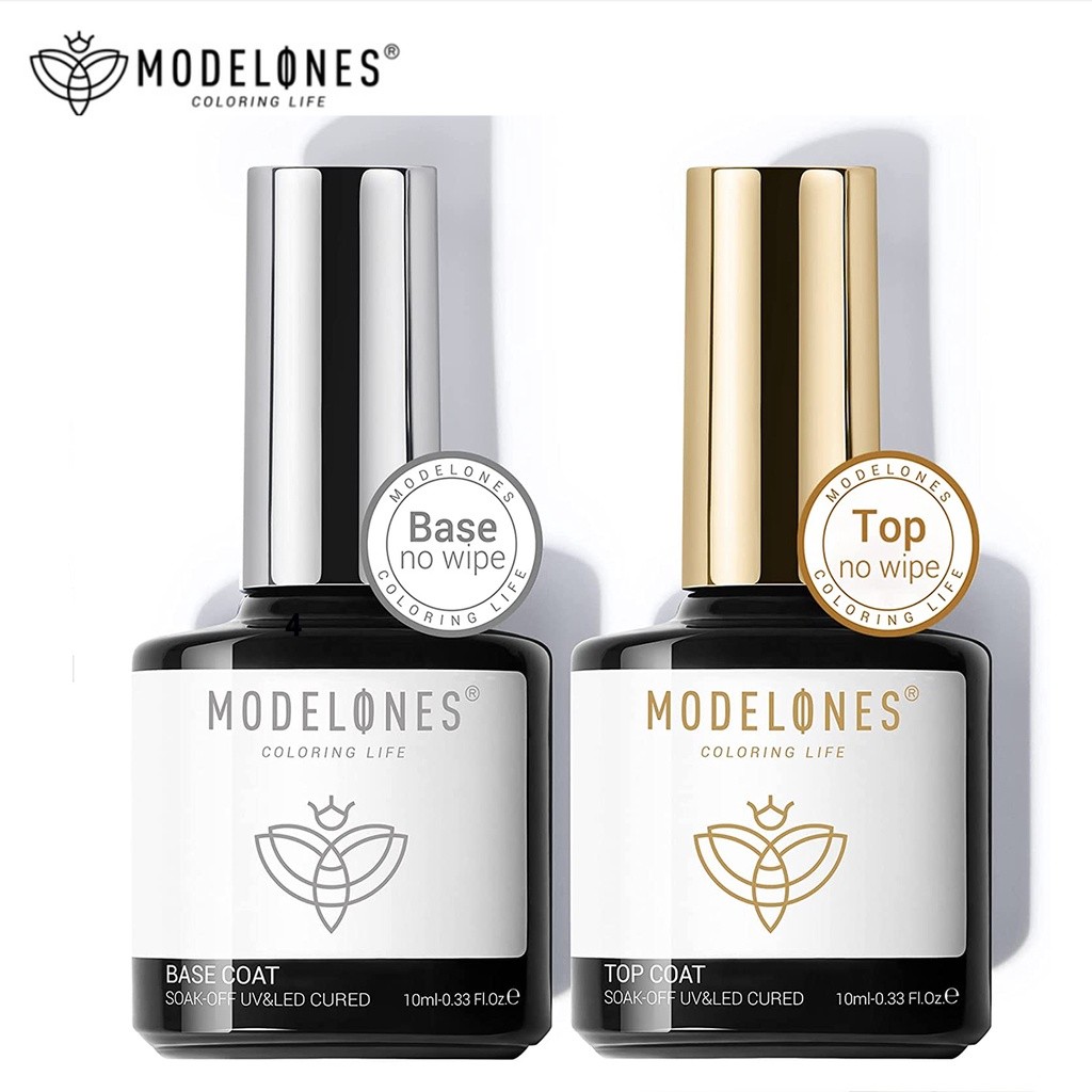 Modelones Gel Top Coat dan Base Coat Set Gel Nail Polish No Wipe Gel Base and Top Coat UV LED 10ml 2