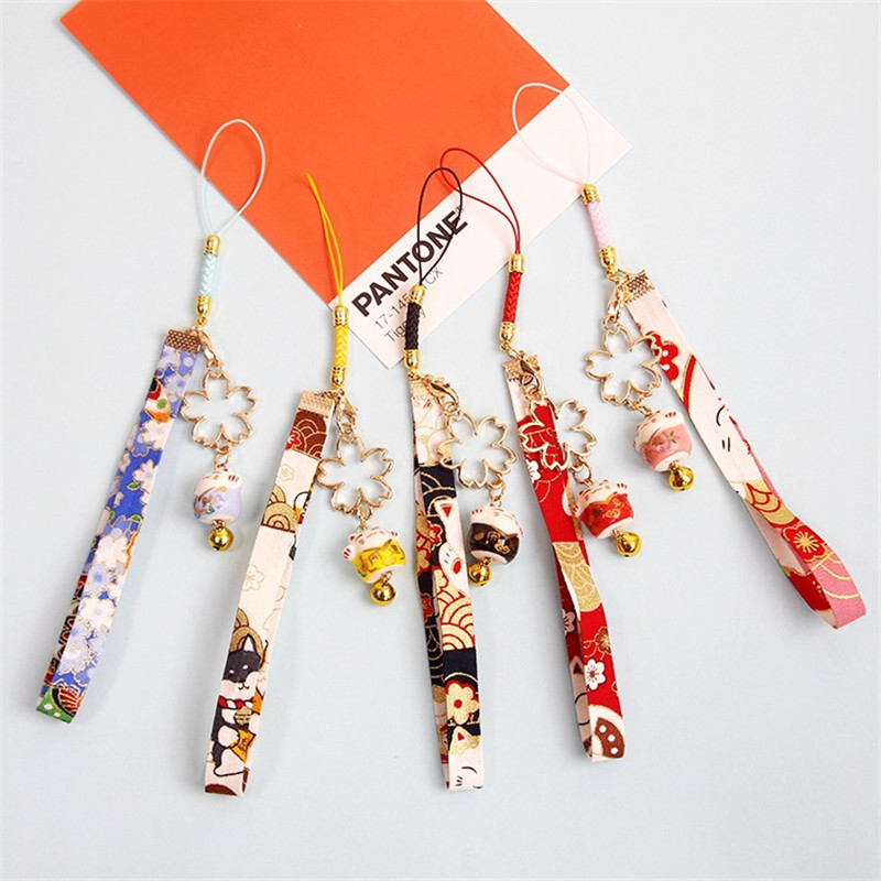Kawaii Mobile Phone Straps Charm Lucky Cat Keychain Lanyard For iPhone Short Cell Phone Strap Rope L