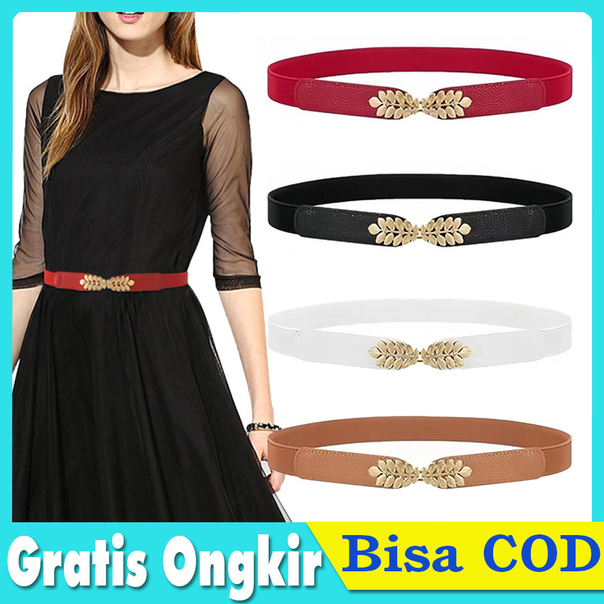 Sabuk Pinggang Wanita Motif Daun Premium - Ikat Pinggang Elastis Korea 4 Warna (Putih/Hitam/Merah/Ca