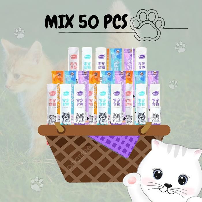 

Snack Kucing Mix isi 50 pcs 500gr 1kg/Strip Kucing Kecil / Cemilan Kucing/ Snak Penggemukan Makanan - 50 pcs campur
