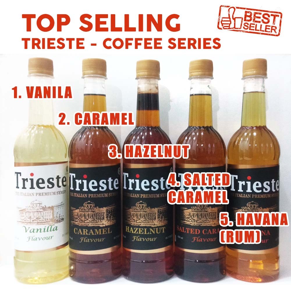

Trieste Italian Syrup 650mL - Coffee Syrup : Caramel, Vanila, Rum, Hazelnut, Salted Caramel, Almond