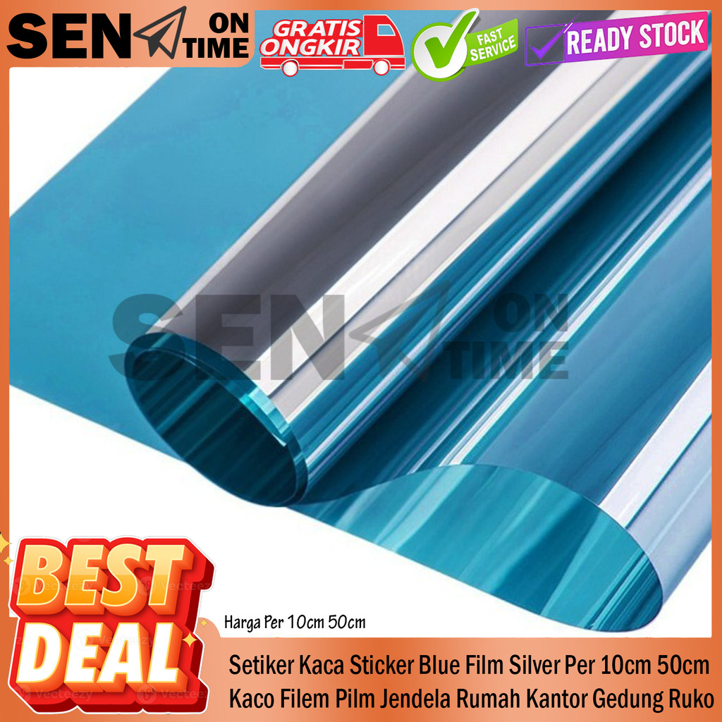 Setiker Kaca Sticker Blue Film Silver Per 10cm 50cm Kaco Filem Pilm Jendela Bangunan Rumah Kantor Ge
