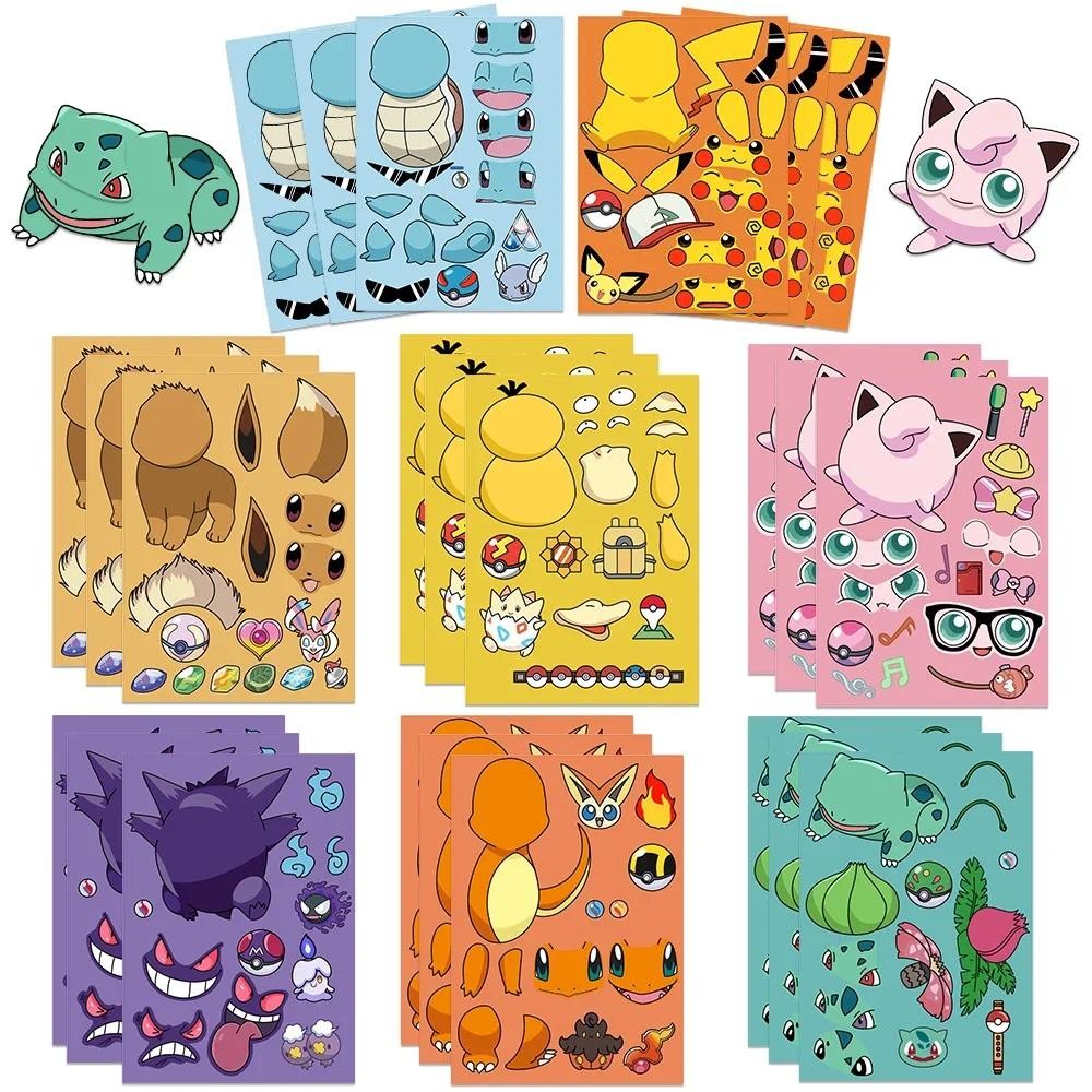 

8/16 Sheets Pikachu Pokemon Puzzle Stickers Make-a-Face Funny Assemble Jigsaw DIY Children Cartoon Sticker Kid Educational Toys
