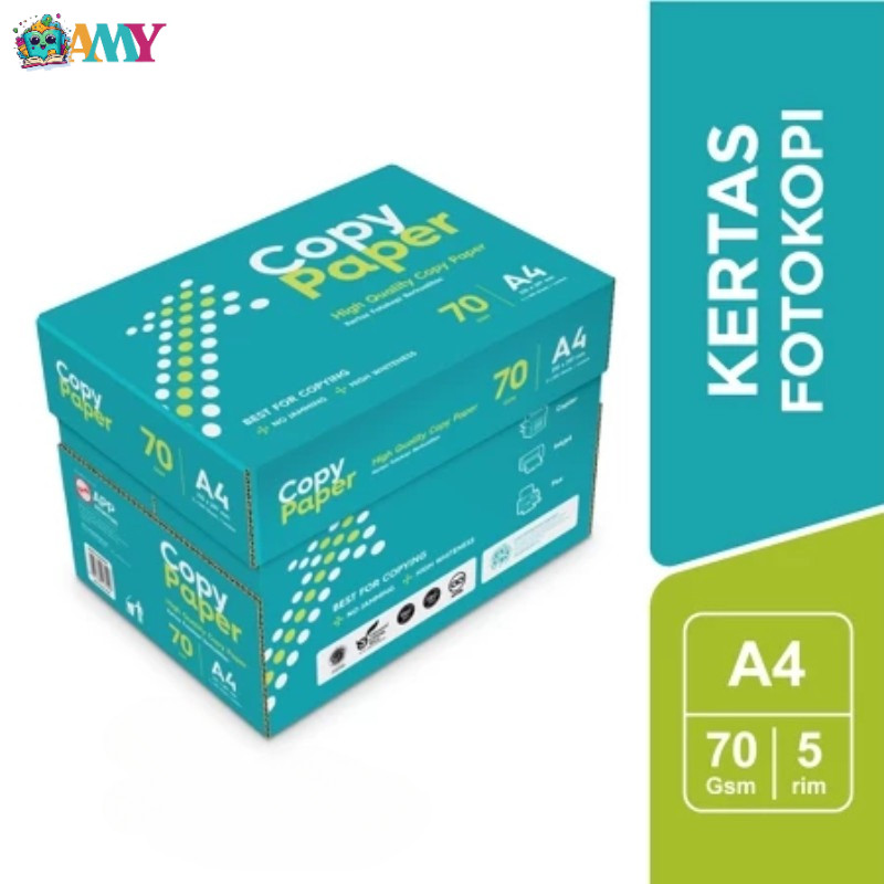 

KERTAS HVS COPY PAPER A4 70 GRAM / Copy Paper Kertas Fotocopy 70 GSM A4 1 DUS = 5 RIM Amy Stasionary
