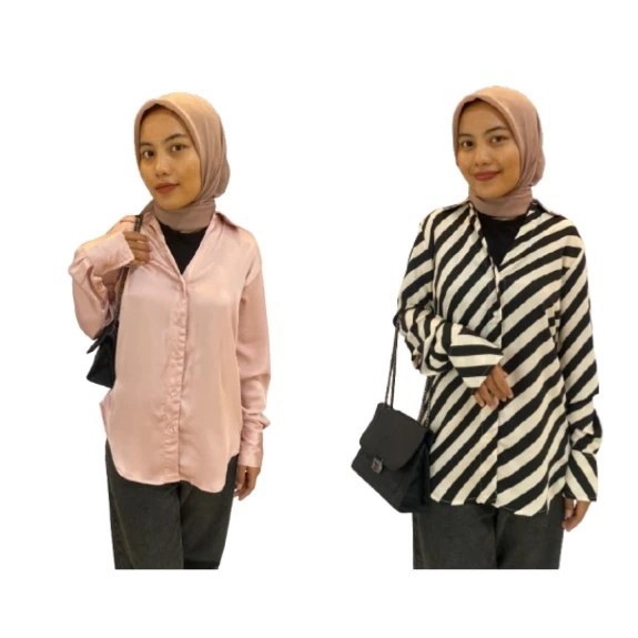 Blouse V Neck Atasan Wanita HNM Strip Polos