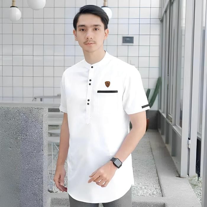 Baju Koko Kobata Lengan Pendek Terbaru Kurta Kekinian Pria Dewasa Muslim Nyaman Hitam Putih Kombinas
