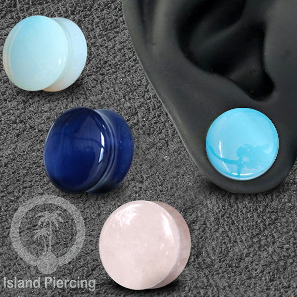 Genuine stone ear plugs tindik Piercing large Gauge, Cat Eye warna biru, Opalite dan Rose quartz