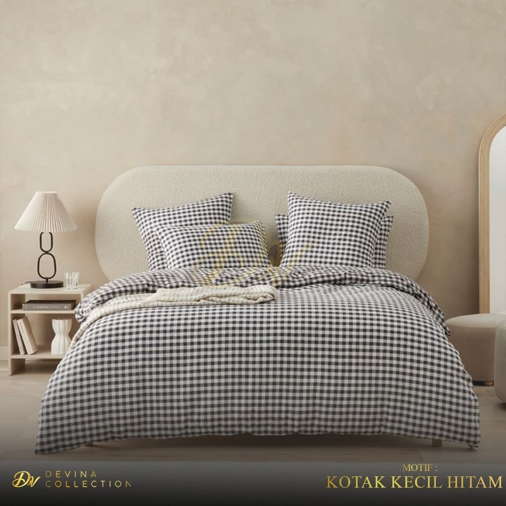 Devina Collection Bedcover Sprei Set Aesthetic Korea Karet Anti Geser Kotak Hitam Kecil King 180x200
