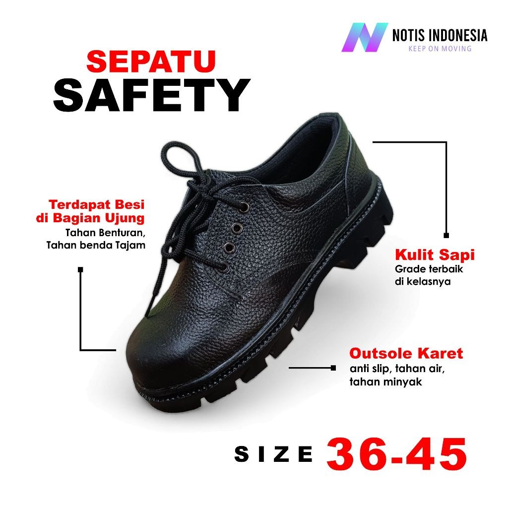 NOTIS - SEPATU SAFETY TALI SELOP SLIP ON KULIT ASLI SEPATU SAFETY PRIA WANITA UNISEX WORK SAFETY SHO