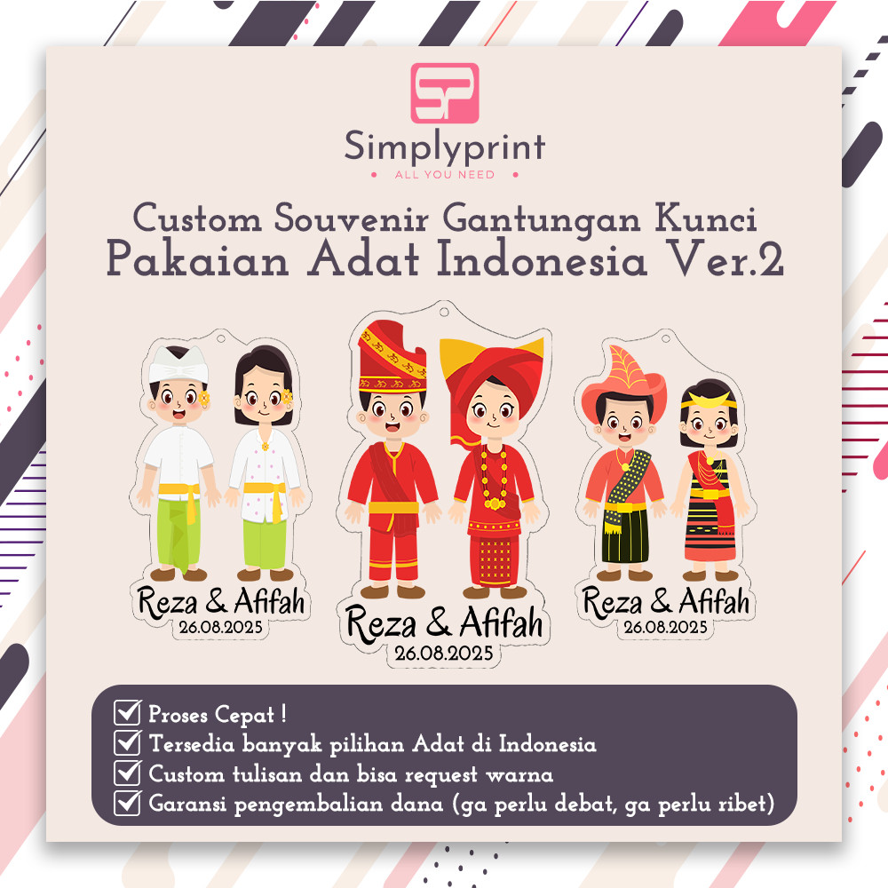 50 Pcs Gantungan Kunci Custom Adat – Souvenir Unik Bisa Request Desain, Nama, Tanggal, Kertas, Cetak
