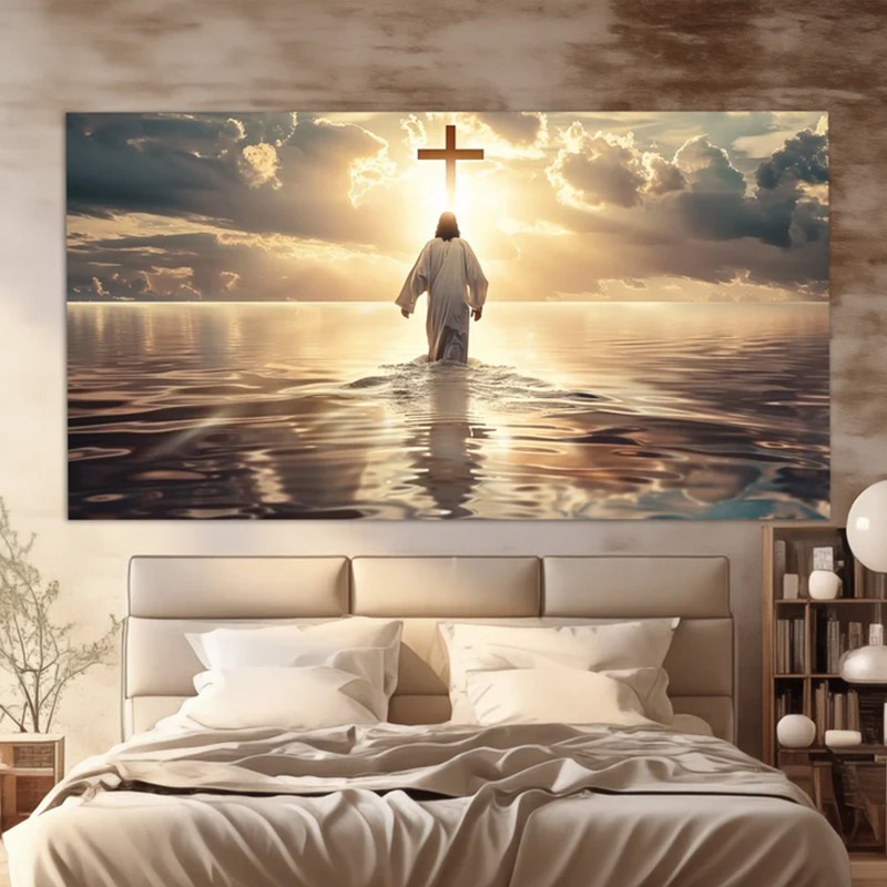 

Watercolor Jesus Christ Walking on Water Religious Seascape Poster Canvas Painting Wall Art Pictures Home Room Decor Gift