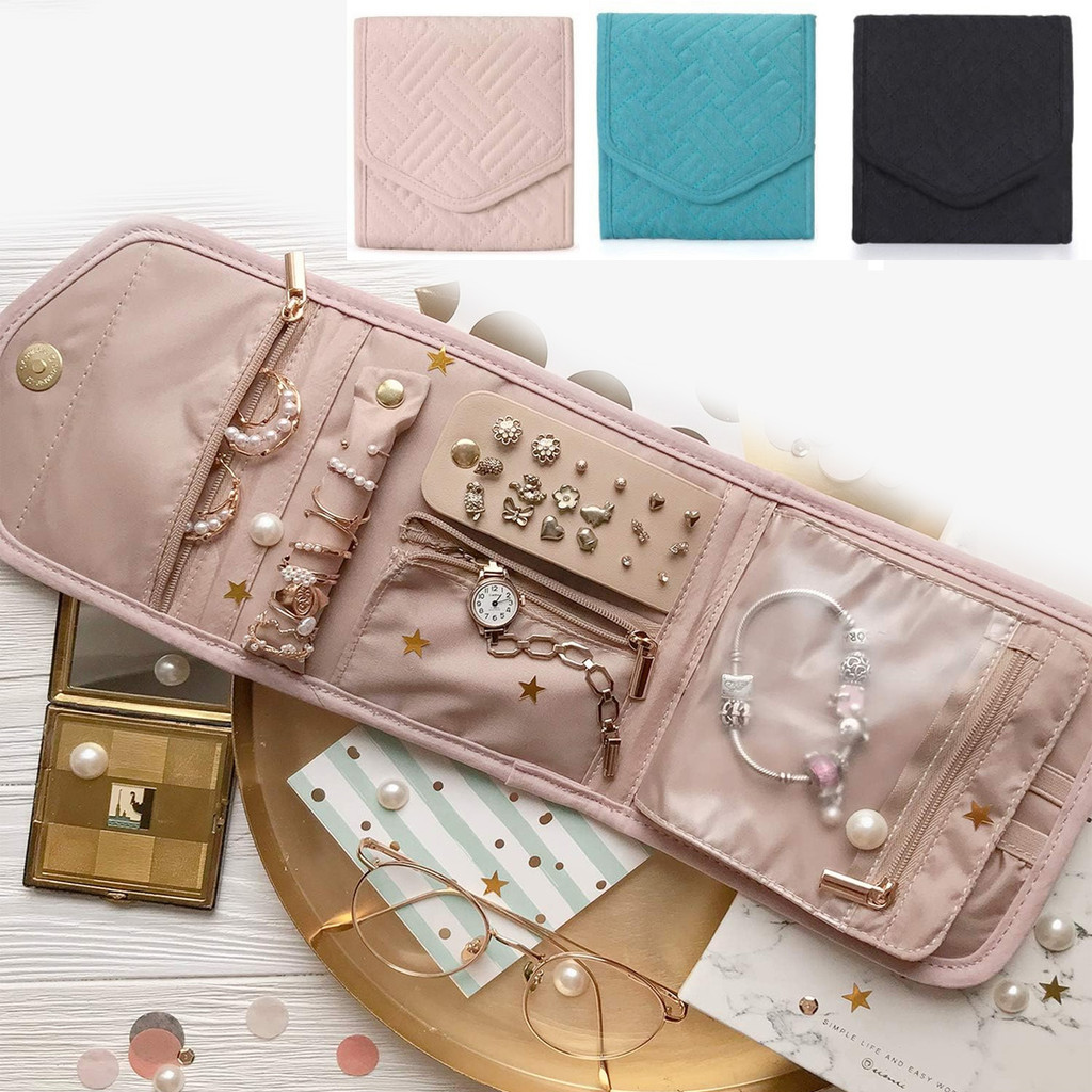 

Travel jewelry storage box, foldable jewelry roll, suitable for travel rings, necklaces,earrings,bracelets,mini, light pink A-DH