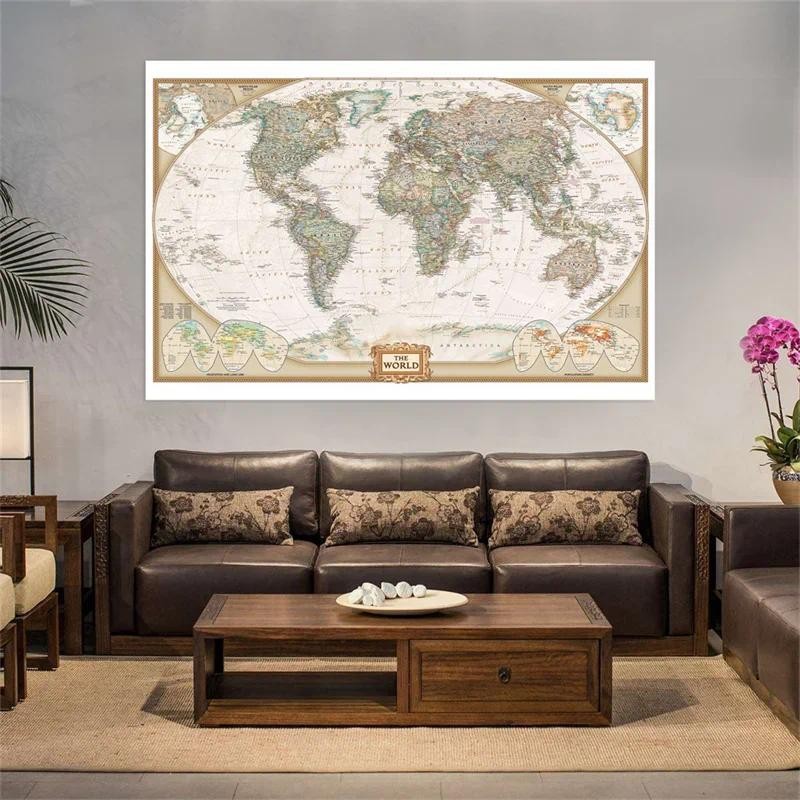 

150x100cm The Vintage World Map, Non-woven Painting Retro Decorative Hanging Picture Wall Art Poster, School Supplies Home Decor