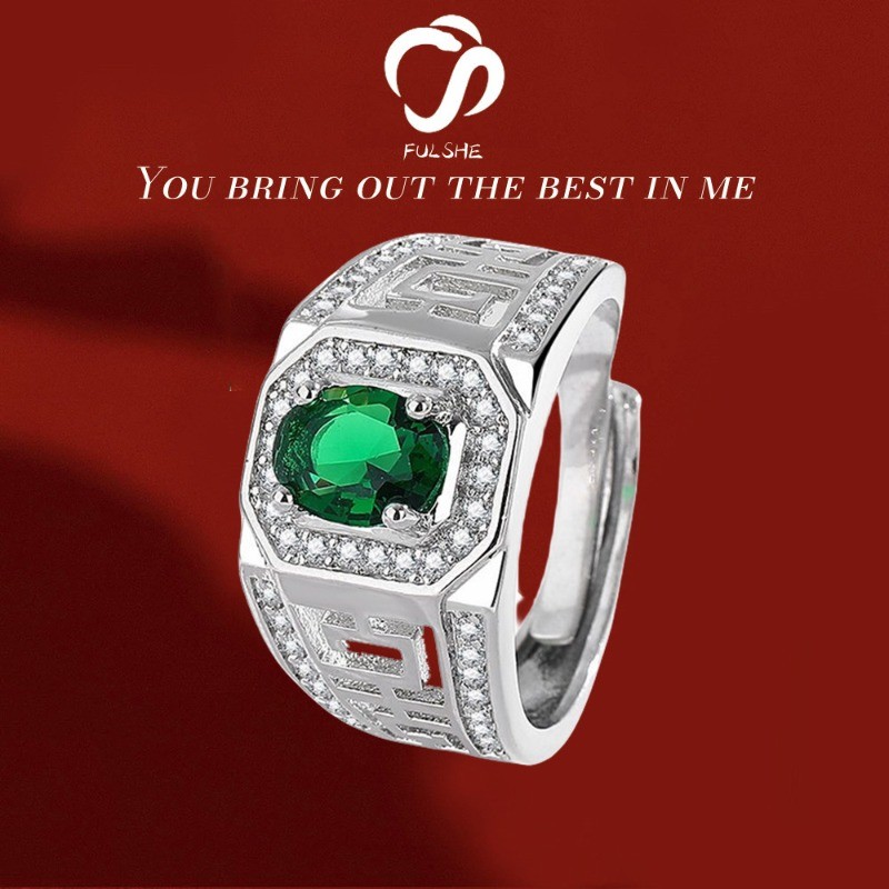 FULSHE Cincin Berlian Hijau Oval Pria Fashion Lapisan Platinum Anti-Karat Cincin Asli