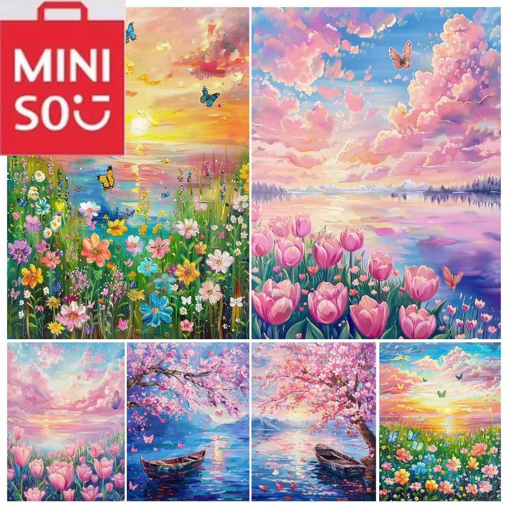 

MINISO Oil Painting By Number Sunset Flower Boat Pink Sea Home Decoration Painting Wall Bedroom Room Decor Gift Frameelss