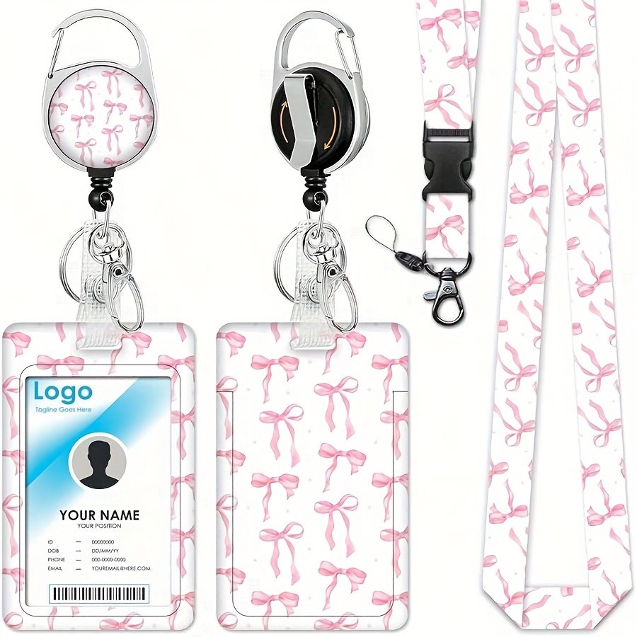 

ID badge holder with extendable scroll, cute pink bow detachable lanyard, women's beauty office supplies