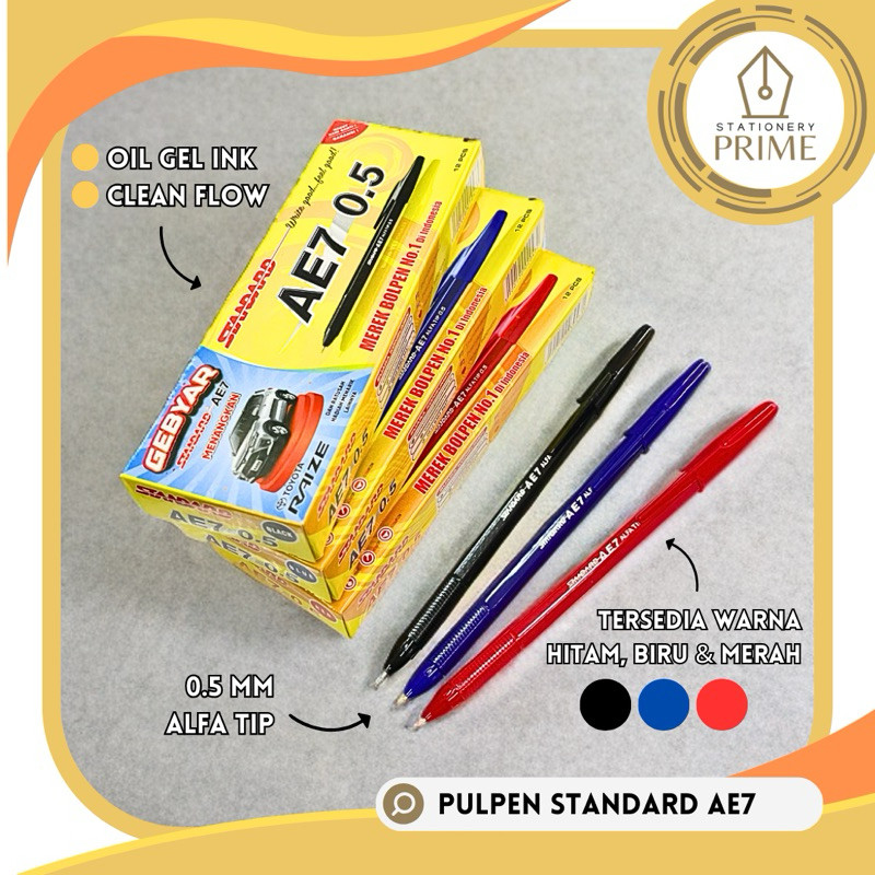 

Pulpen / Pena Standard AE7 Hitam Merah Biru (1 lusin isi 12 pcs)