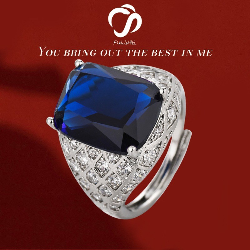 FULSHE Cincin Berlian Safir Persegi Panjang Pria Fashion Lapisan Platinum Berlian Penuh Cincin Terbu