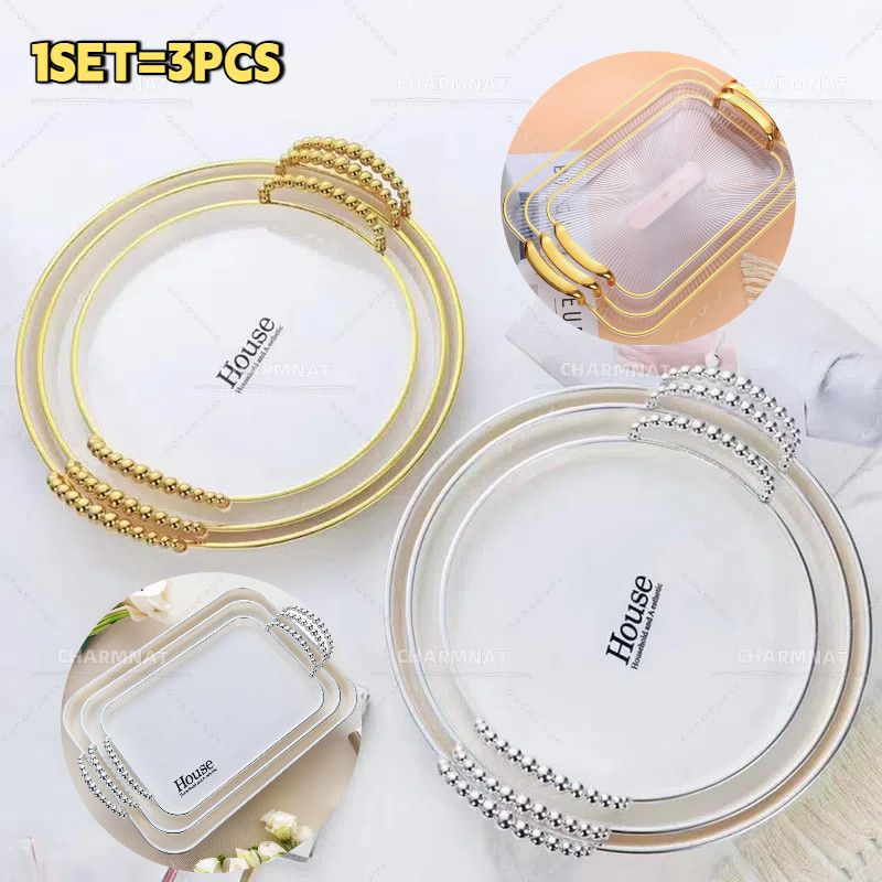 【CHARMANT】1 SET 3 PCS Nampan cantik serbaguna/nampan mewah dekoratif/nampan gagang emas/nampan buah 