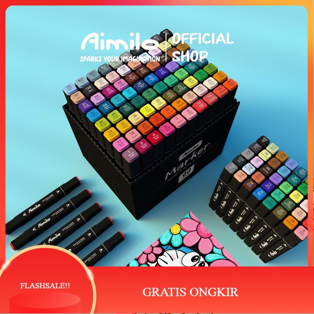 

【AGNES_ID】DISKON!! [READY] Aimilo Spidol Warna Warni 1 Set Sketch Marker 2 Tip Touch Marker 48/60/80 Warna