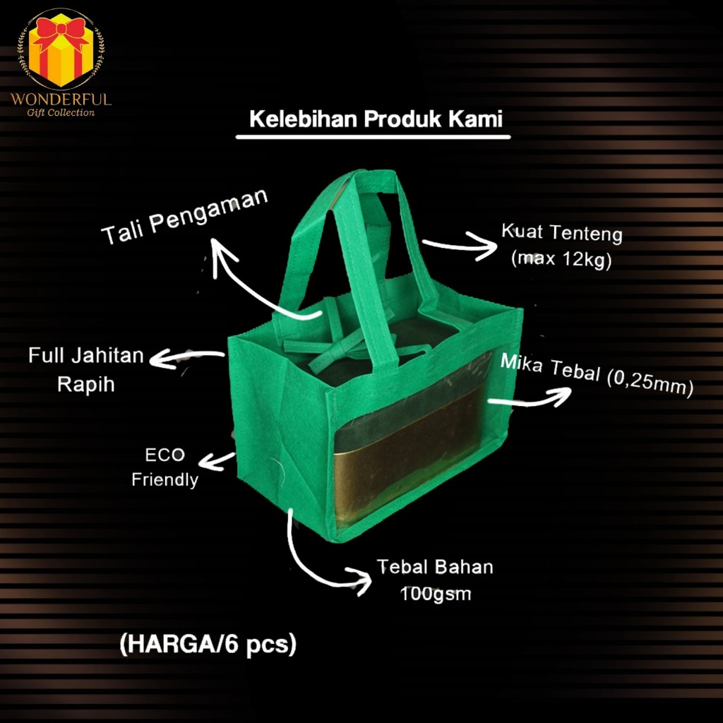 

(6 PCS) Goodie Bag Hijau Mika Kain Spundbond / Kantong Kue Hampers GDB-H