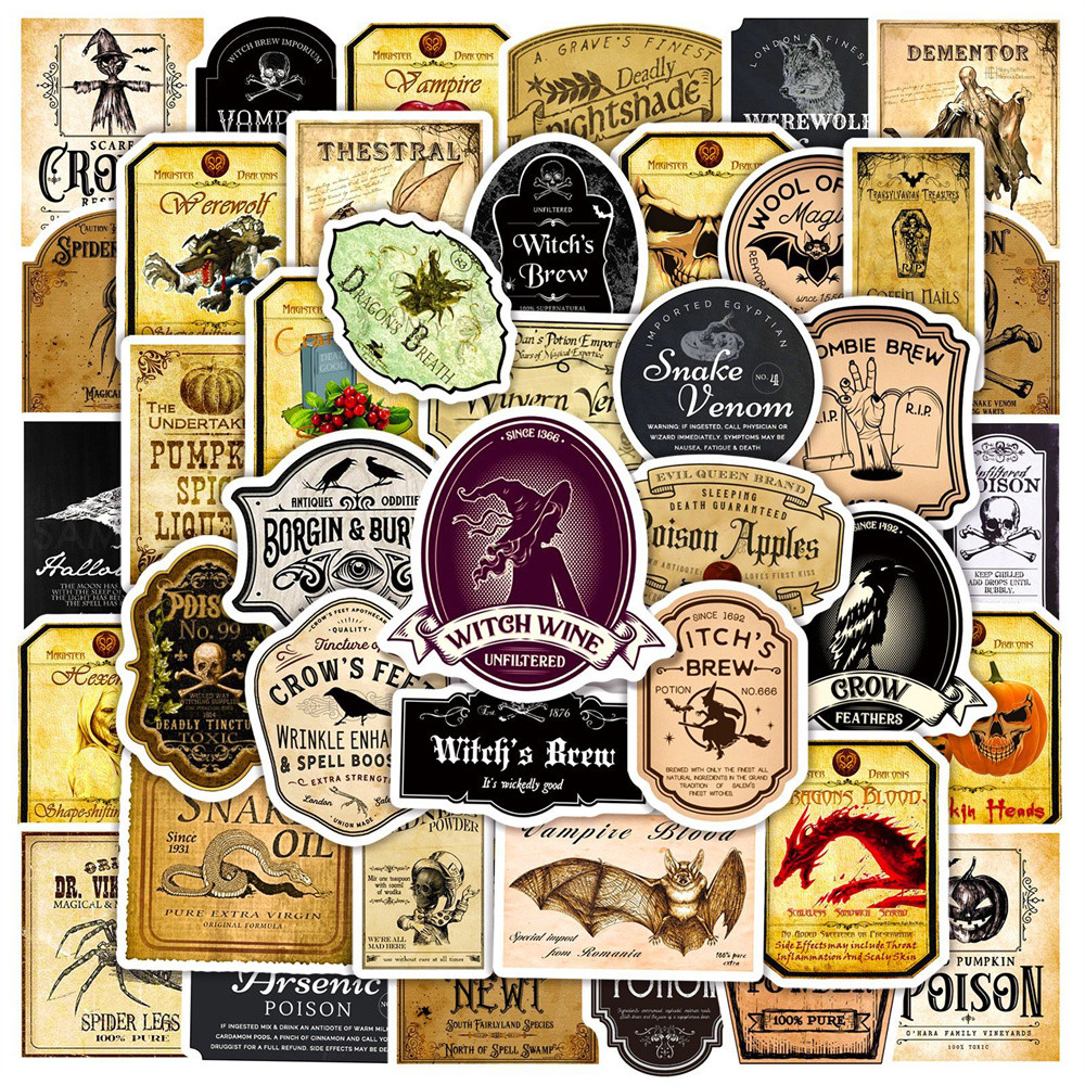 

50pcs Halloween Vintage Bottle Stickers For Scrapbook Ipad Phone Scrapbooking Material Kscraft Retro Sticker Craft Supplies