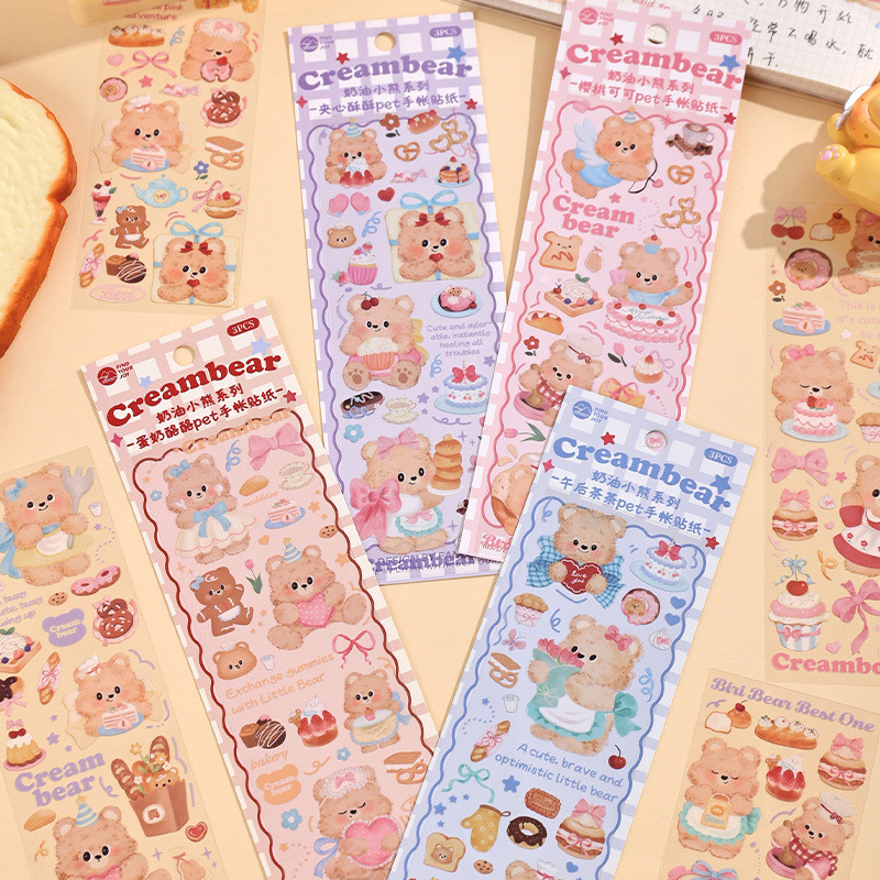 

MINKYS 3pcs/Pack PET Milk Cherry Bear Decorative Stickers for Scrapbooking Kawaii Journal Sticker Stationery