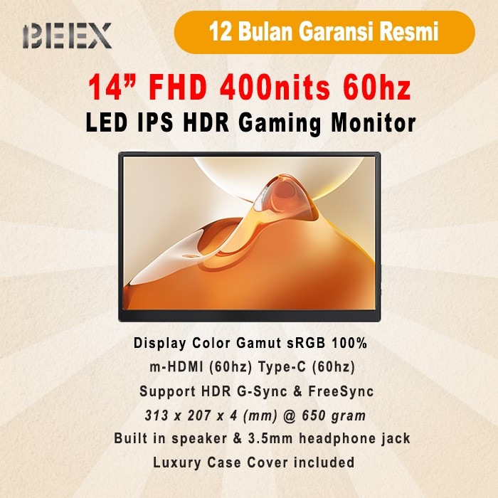 Portable Monitor BeeX 14" Full HD Portable Gaming Monitor Cable PS4 Nintendo SwitchCO