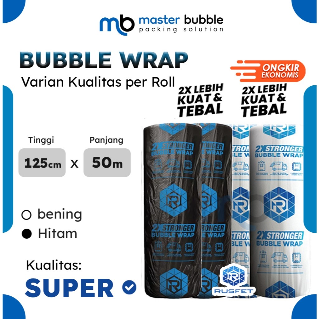 

KAYDEN STORE Plastik Bubble Wrap RUSFET TEBAL 3Kg 125cm x 50meter Putih Bening / Hitam Kualitas Super Tebal
