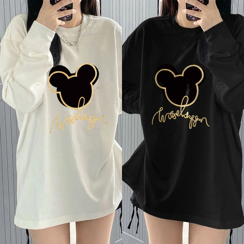 Forte Kaos Wanita Lengan Panjang Cetak Mickey Mouse Disney T-shirt Lengan Panjang Atasan Wanita Keki