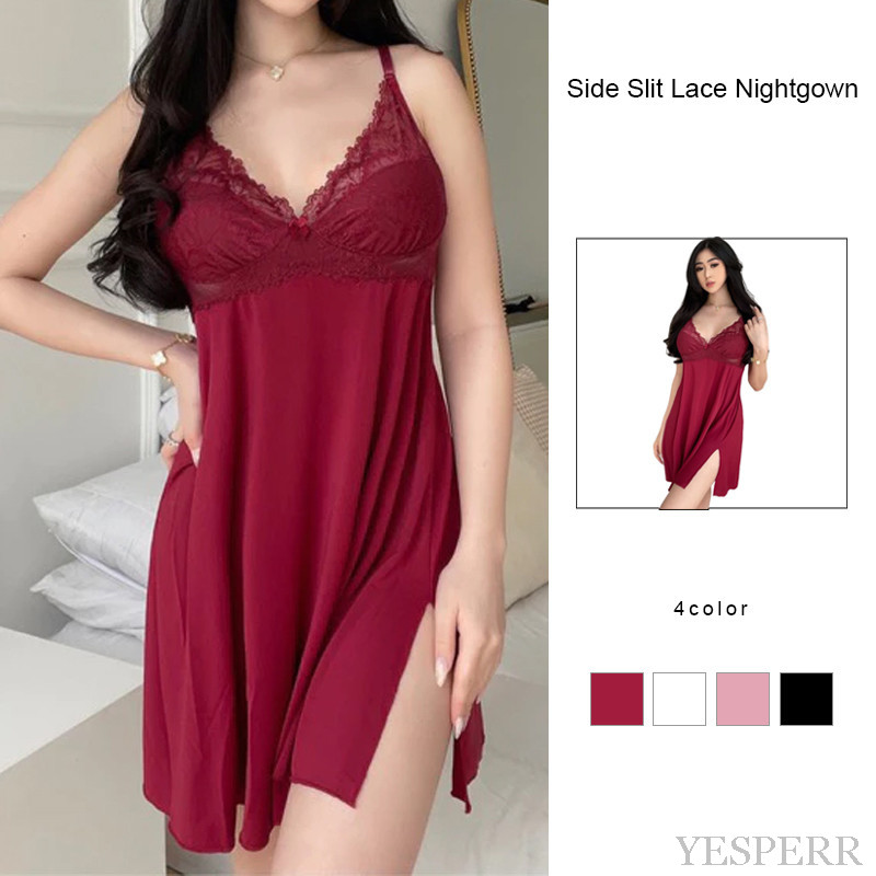 Baju Tidur Seksi Set Pakaian Tidur Wanita Baju Tidur Renda Celah Samping Baju Tidur Suspender Tipis 