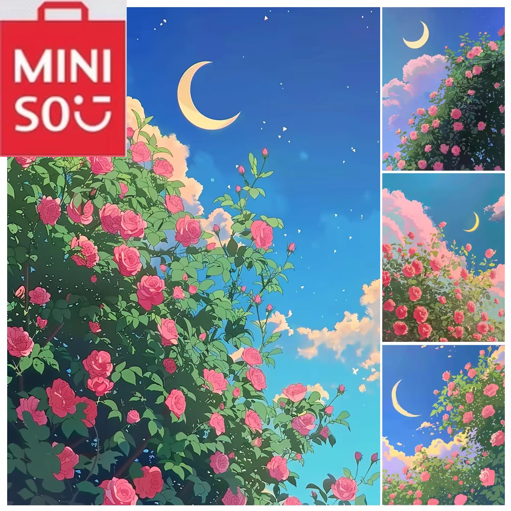 

MINISO Oil Painting By Number Rose Flowers Under The Moon Home Decoration Painting Wall Bedroom Room Decor Gift Frameelss